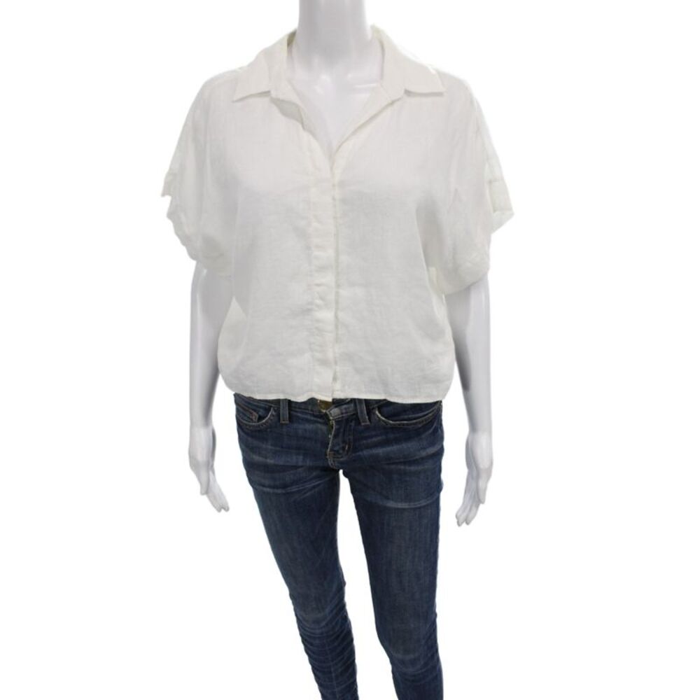 Touche Women Basic Collared Linen Short Sleeve Button Blouse White Size XS
